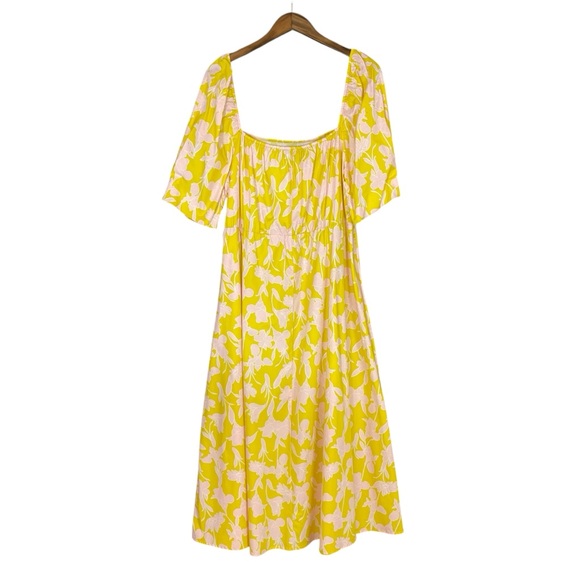 Eloquii | Bright Yellow Baby Pink Floral‎ Puff Sleeve Midi Sundress Square Neck - Picture 5 of 9